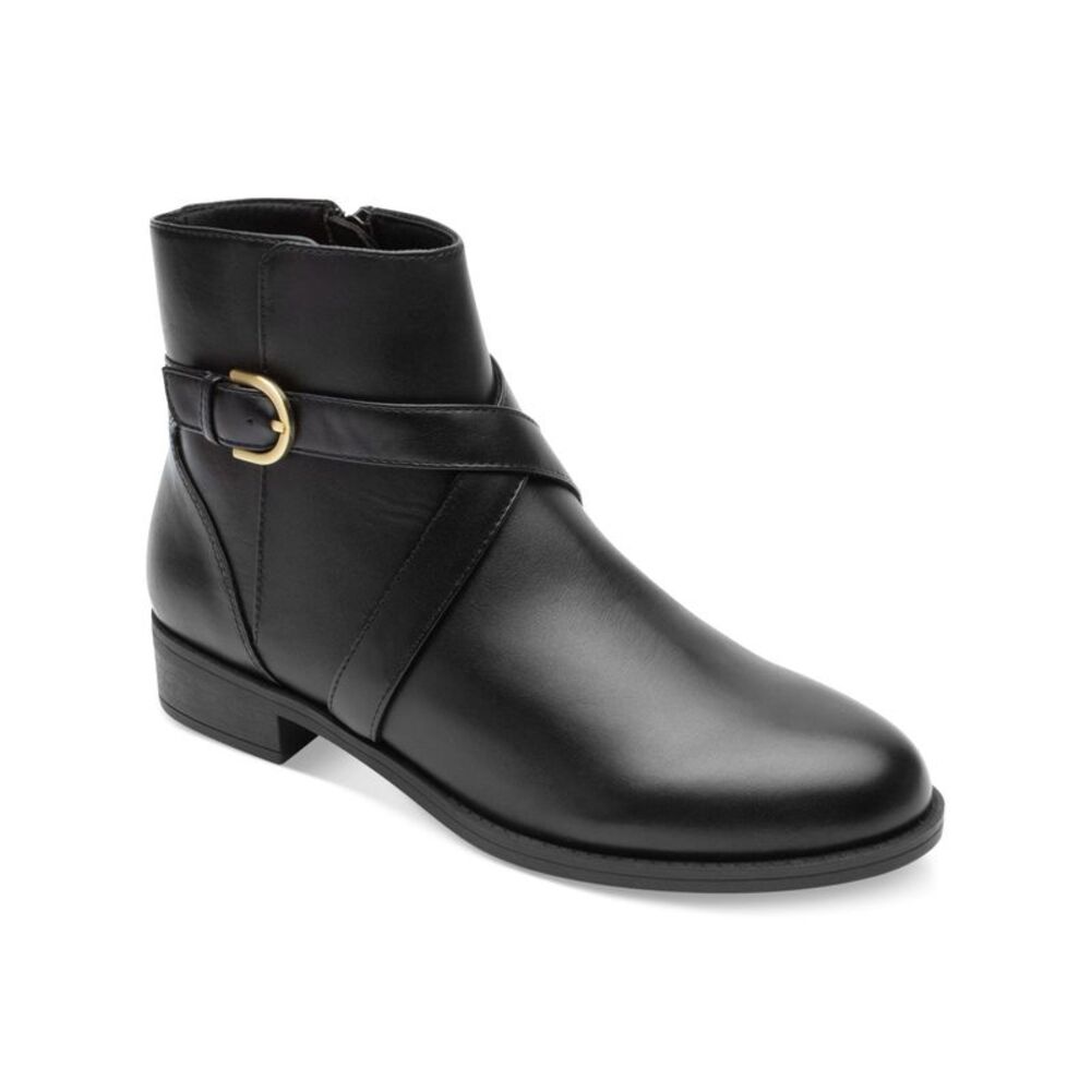 NWT ROCKPORT Womens Black Vicky Round Toe Block Heel Leather Boots Shoes 9 M